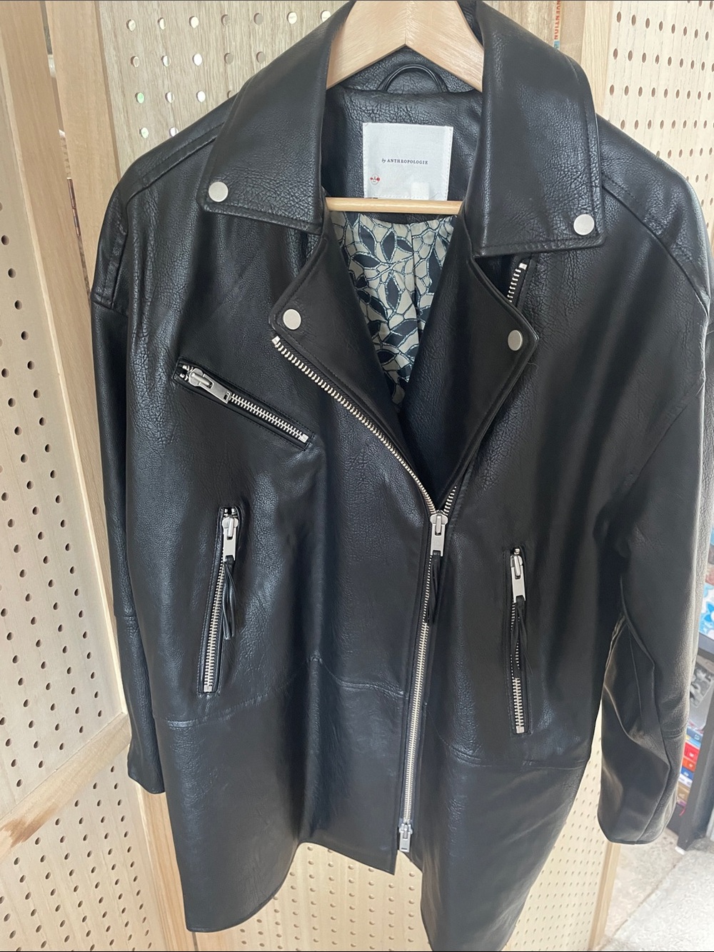 EUC- Anthropologie Black Leather Long Moto Jacket with Silver Zippers size Small